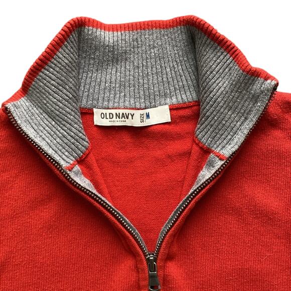 OLD NAVY Quarter Zip Sweater Mens Sz Medium Orange Classic Preppy Ribbed Hem - Picture 2 of 4